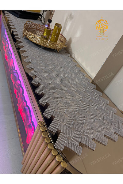 Tekstilsa Gray 5 Piece Living Room Room Coffee Table Table Cover Set Runner F...