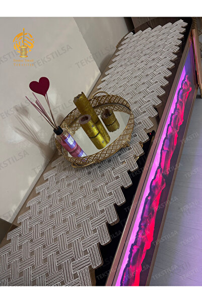 Tekstilsa Runner Salon Δωμάτιο Τραπεζάκι σαλονιού Σετ Τραπεζομάντηλο Γαλλικό Laced Σετ Προίκα ΛΕΥΚΟ 5 Τεμάχια