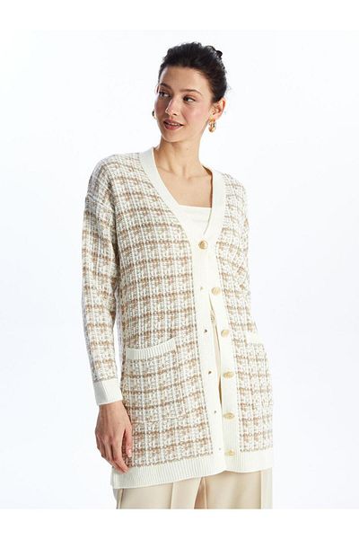 LC Waikiki Lcwaikiki Basic Jacquard V-Neck Plaid Long Sleeve Women's Knitwear Cardigan