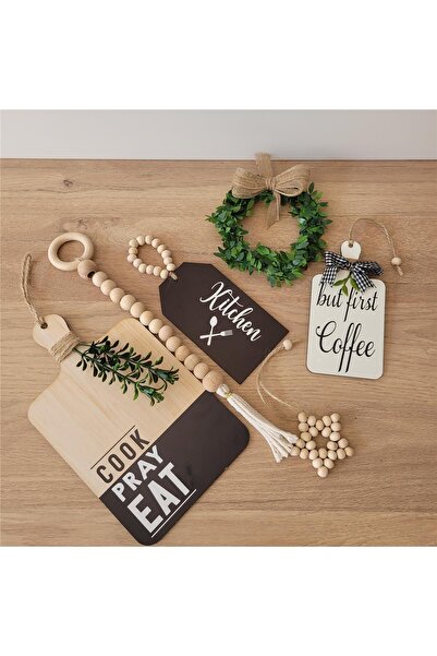 rosfloa rf 6 Parça Iskandinav Ahşap Dekorasyon Seti, Mutfak, Kahve Köşesi, Duvar, Raf, Askı Süsü (Askı Hariç)