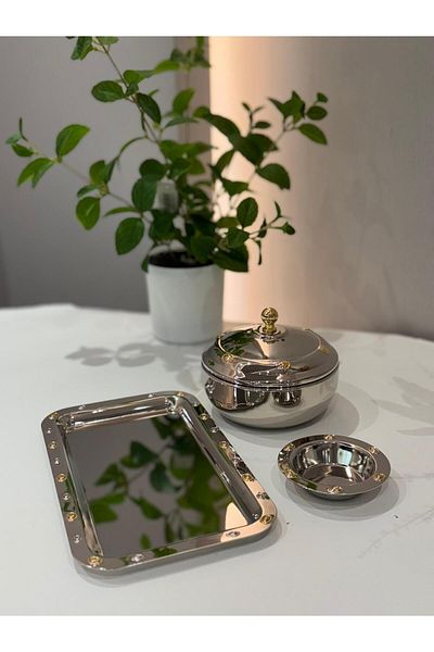 aljahwari Date set with a plate, a plate, and a serving tray, two-tone nickel