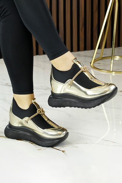 Erkan Saçmacı Josefina Gold Stretch Stone Hidden Wedge Heeled Casual Παπούτσια