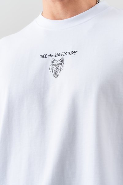 BORZ Men's White "See the Big Picture" Text Detailed 100% Cotton Oversize Fit Crew Neck T-Shirt