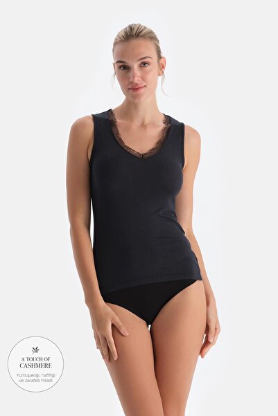 Dagi Bluză fără mâneci cu decolteu în V cu dantelă din modal negru