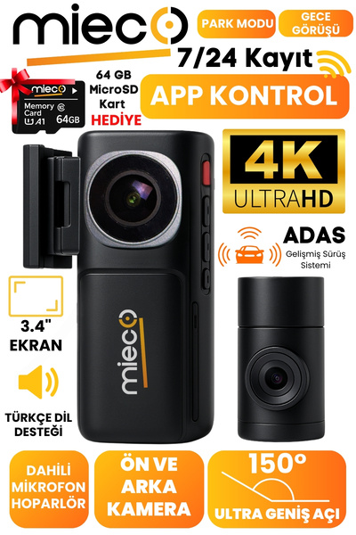 Mieco A7 4K UHD/ Wifi / ADAS /150° Ultra Geniş Açı/ Ön + Arka Araç Kamerası (...