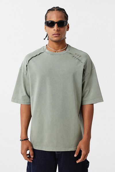 VAMOSCLO Washed Collar Detailed Oversize T-Shirt Khaki