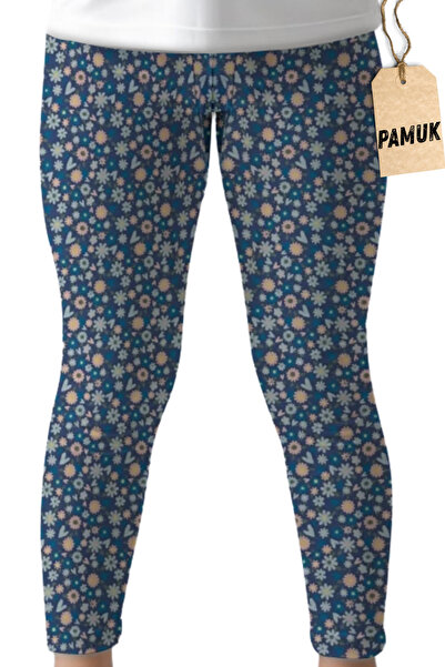 Dolce Destino Çocuk Tayt - Mavi Vintage Çiçek Desenli Mevsimlik Likralı Pamuklu Kız Çocuk Tayt