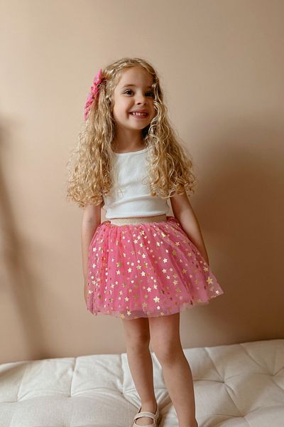 Le Mabelle Pink Star Printed Girl's Tulle Skirt - Pauline