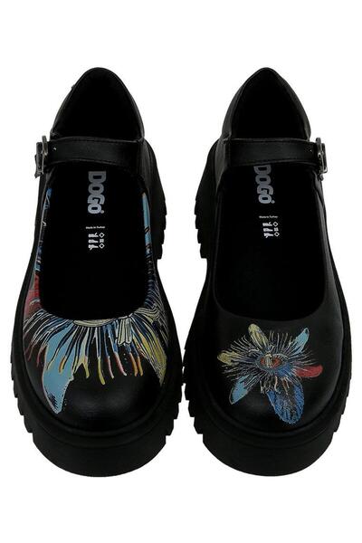 Dogo Women's Vegan Leather Black Mary Jane Loafer - Passion Flower Design