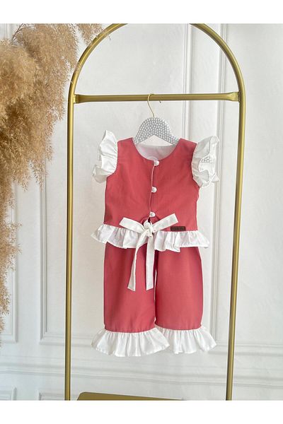 Hobidik Girls' Brick Cotton Poplin Button Bow Tie-Up Bottom Top Set