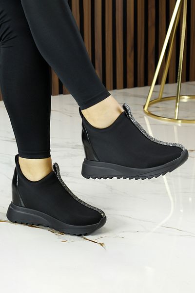 Erkan Saçmacı Luminita Black Silver Stone Hidden Wedge Heeled Casual Shoes