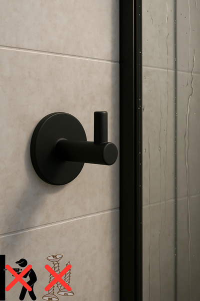MultiStore Siyah Yuvarlak Yapışkanlı Metal Tekli Kanca Bornoz Banyo Askısı