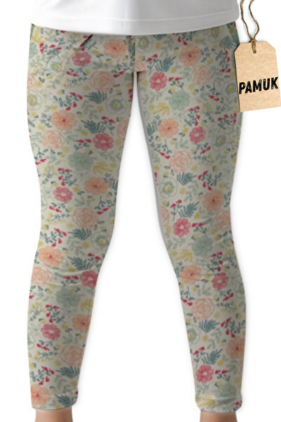 Dolce Destino Çocuk Tayt - Yeşil Tonlarda Çiçekli Desenli Mevsimlik Likralı Pamuklu Kız Çocuk Tayt