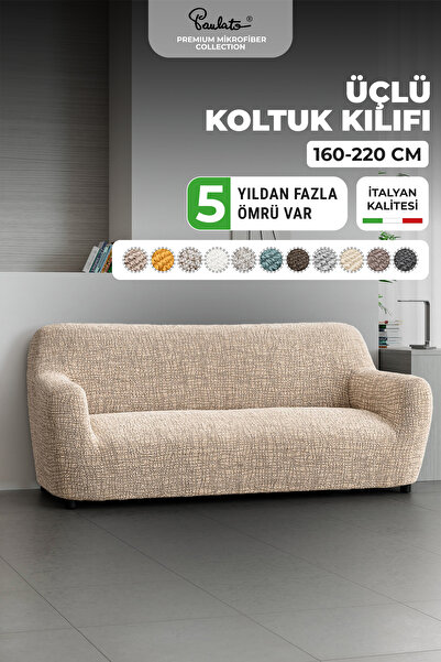 Paulato Lastikli Esnek Ve Yıkanabilir 3 Kişilik Koltuk Örtüsü Çekyat Kanepe Kılıfı - Bej