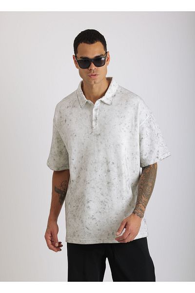 EGHO Washed Double Pique Fabric Men's Polo Neck Loose Fit T-Shirt with Tumbled Effect