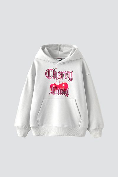 Bak Moda Cherry Gang Printed Oversize Women's White Hoodie