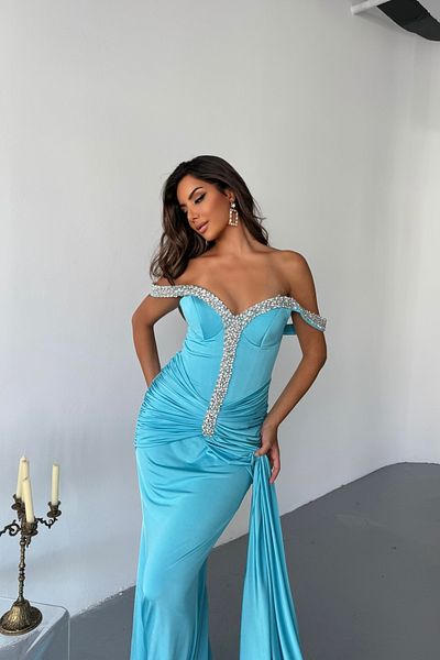 İyem Abiye Pendant Sleeve Gathered and Stoned Crystal Fabric Stylish Evening Dress Isabelle Slim Fit