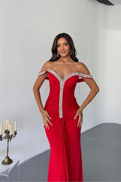 İyem Abiye Pendant Sleeve Gathered and Stoned Crystal Fabric Stylish Evening Dress Isabelle Slim Fit