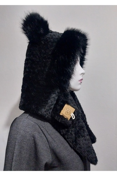 GÜLÇİNCE First Quality Washable Plush Black Eared Halter Women's Winter Hat