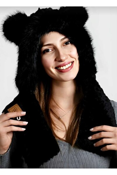 GÜLÇİNCE First Quality Washable Plush Black Eared Halter Women's Winter Hat
