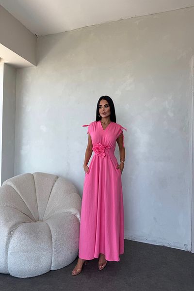 LİLA İSTANBUL V-Neck Shoulder Gathered Rose Detailed Summer Dress