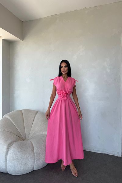 LİLA İSTANBUL V-Neck Shoulder Gathered Rose Detailed Summer Dress