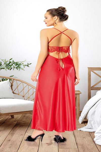 LOOMERİE 2981 Women's Red Navel and Waist Open Transparent Thin Strap Long Fancy Nightdress