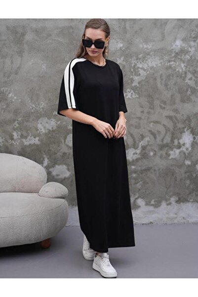 D LAVELLA Yan Beyaz Şeritli Modal Lacivert Elbise