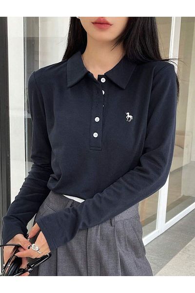 Touz Moda Unicorn Printed Polo Neck Buttoned Long Sleeve Tshirt