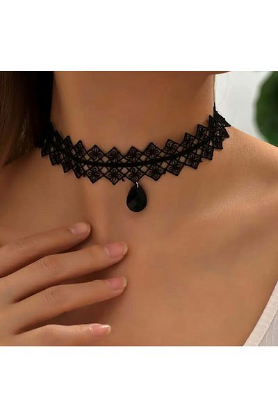 ACAR TAKI Vintage Drop Stone Lace Choker Necklace-Black Color Acr5795