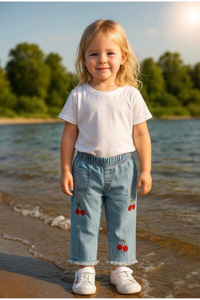 Minavkids Kiraz işlemeli kot pantolon
