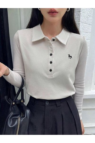 Touz Moda Unicorn Printed Polo Neck Buttoned Long Sleeve Tshirt