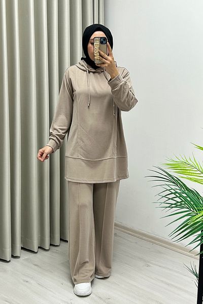 TRİPEN Summer Honeycomb Fabric Stitching Detailed Hooded Double Hijab Suit