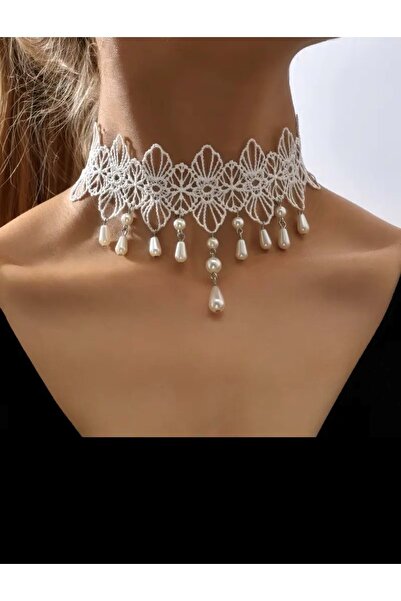 ACAR TAKI Vintage Stylish, Pearl Lace Choker Necklace-White Color Acr5792