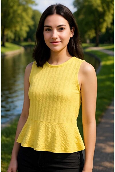 new rimel life Sıfır Kol Kadın Bluz Peplum Model Gofre Kumaş Günlük Şık kulla...