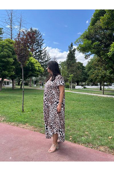 Sobe Hediyelik Leopard Print V-Neck Casual Summer Dress – Asymmetric Cut Compatible Size 38-50