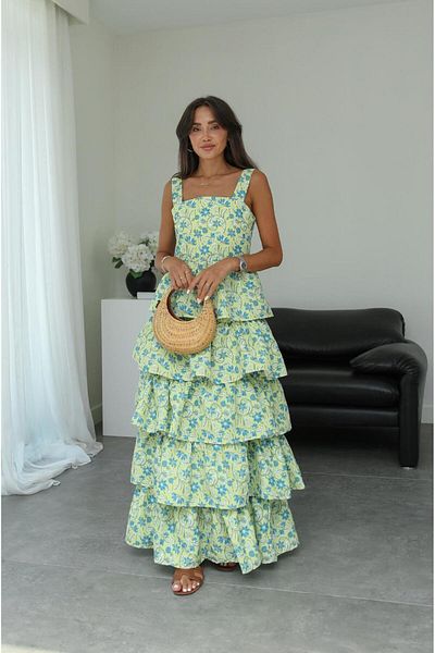 Havoş Light Green Floral Patterned Layered Dress