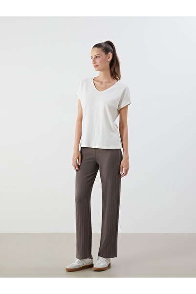 LC Waikiki Lcwaikiki Classic Brown Elastic Waist Textured Women's Trousers