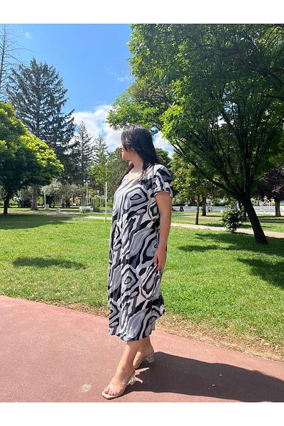 Sobe Hediyelik V-Neck Gray Patterned Loose Summer Dress – Asymmetrical Cut Compatible Size 38-50