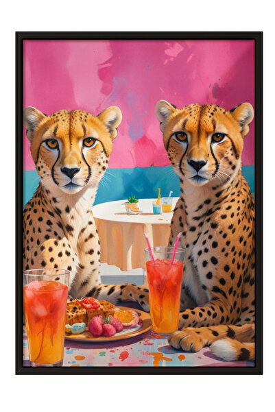 Zestia Картина с черна рамка, гепарди и коктейли – ретро рисунка, постер за д...