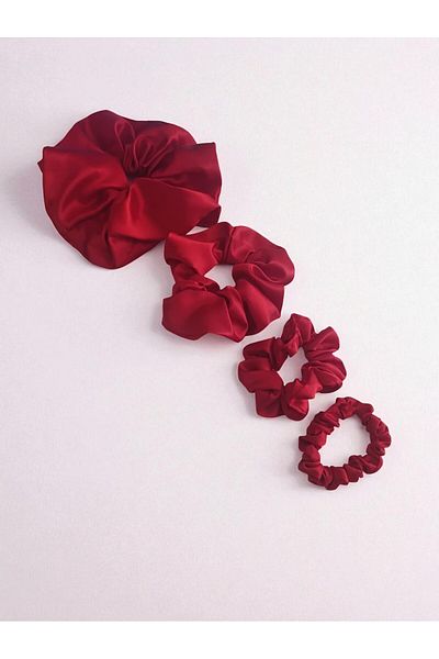 BeyzHal Women's Red 4-Piece Satin Scrunchie Hair Rubber Set - Bagel Buckle (Oversize, Large, Medium, Mini Size)