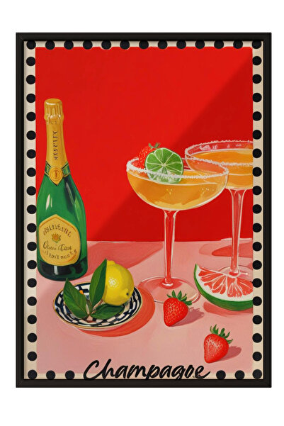 Zestia Πίνακας με μαύρο πλαίσιο, Ποτήρι σαμπάνιας – Ρετρό Εικονογράφηση, Διακ...
