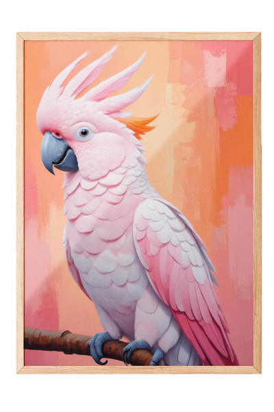 Zestia Картина с дървена рамка, розова какаду – портрет на тропическа птица, ...