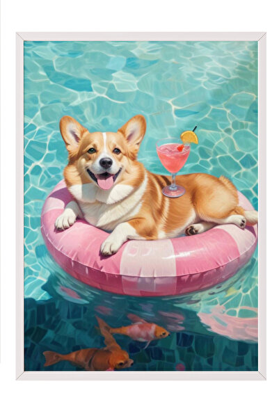 Zestia Tablou înrămat alb, Câine plutitor cu coroană roz, Poster decorativ pe...