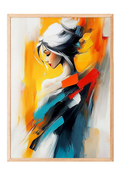 Zestia Tablou cu ramă din lemn, portret de femeie cu tușuri colorate, poster ...