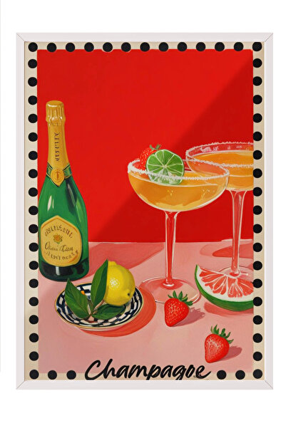 Zestia Πίνακας με λευκό πλαίσιο, Ποτήρι σαμπάνιας – Ρετρό Εικονογράφηση, Διακ...
