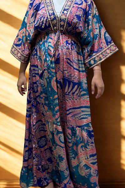 CESTOPİENO Silk Blue Front and Back V-Neck Embroidered Dress / Beach Dress / Bohemian Dress