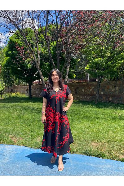 Sobe Hediyelik Black Red Coral Patterned V-Neck Casual Summer Dress – Asymmetrical Cut Compatible Size 38-50