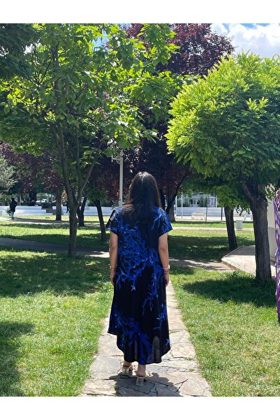 Sobe Hediyelik Black Blue Coral Patterned V-Neck Casual Summer Dress – Asymmetrical Cut 38-50 Size Compatible