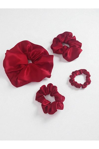 BeyzHal Women's Red 4-Piece Satin Scrunchie Hair Rubber Set - Bagel Buckle (Oversize, Large, Medium, Mini Size)